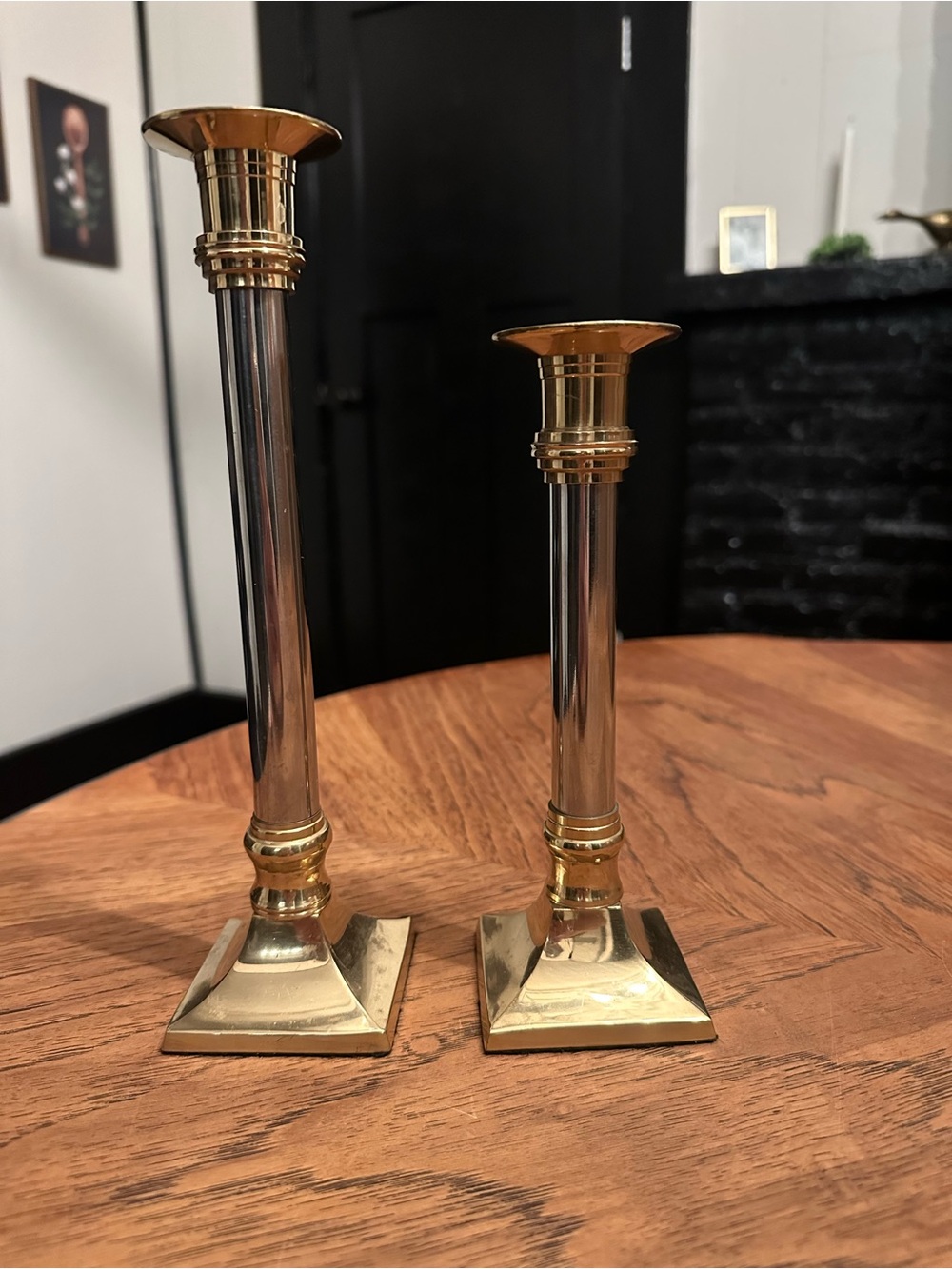 Brass Column Candlestick Pair - Polished Gold Finish
